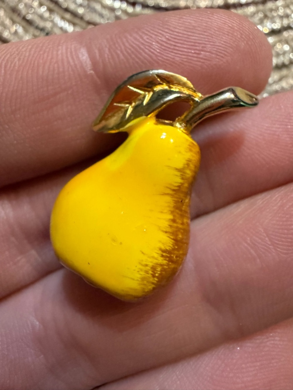 Vintage Yellow Pear Brooch Gold Tone Enamel Fruit Pin Kitsch Cottagecore